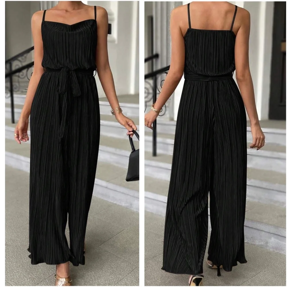 Luxe Pleated Belted Wide Leg Cami Jumpsuit - Picture 3 of 7